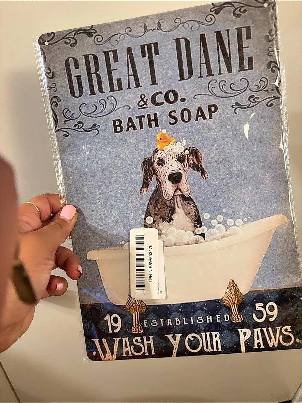 Great Dane & Co. Bath Soap Metal Tin Sign, Blue & White